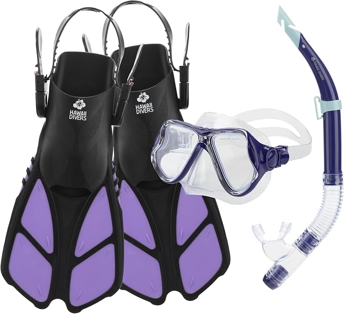 Hawaii Divers Manta Ray Adult Snorkel Set - Premium 2-Window Tempered Glass Snorkel Mask with Silicone Mouthpiece, Snorkeling Gear for Adults