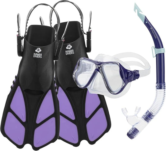 Hawaii Divers Manta Ray Adult Snorkel Set - Premium 2-Window Tempered Glass Snorkel Mask with Silicone Mouthpiece, Snorkeling Gear for Adults