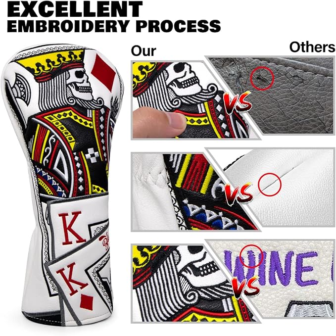 Golf Club Covers Poker Diamond King Driver Cover Fariway Wood Headcover 3 Hybrid Head Covers Blade Putter Cover Mallet Putter Haedcovers with Magnetic Closure for Most Brand