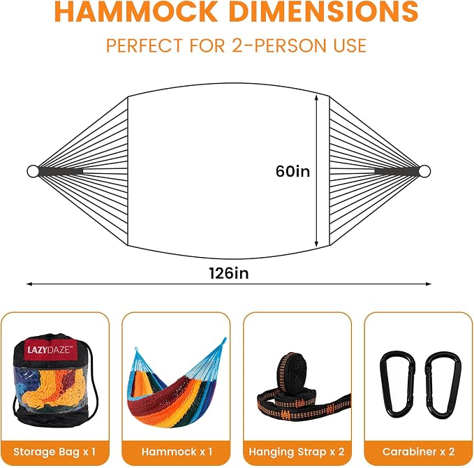 Lazy Daze Hammocks Handwoven XL Mayan Hammock, 10.5 FT Soft Rope Double Hammocks, Portable Outdoor Hammock with Carry Bag, 2 Straps & Carabiners for Patio Outside, 550 lbs Weight Capacity, Rainbow