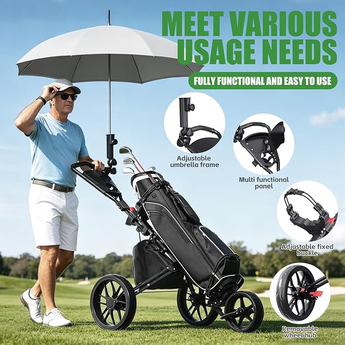Golf Push Cart - Lightweight Aluminum 3-Wheel Foldable Golf Bag Cart with Large Wheels for All Terrain, Adjustable Handle, Foot Brake, Cooler Bag, Cup/Umbrella Holder