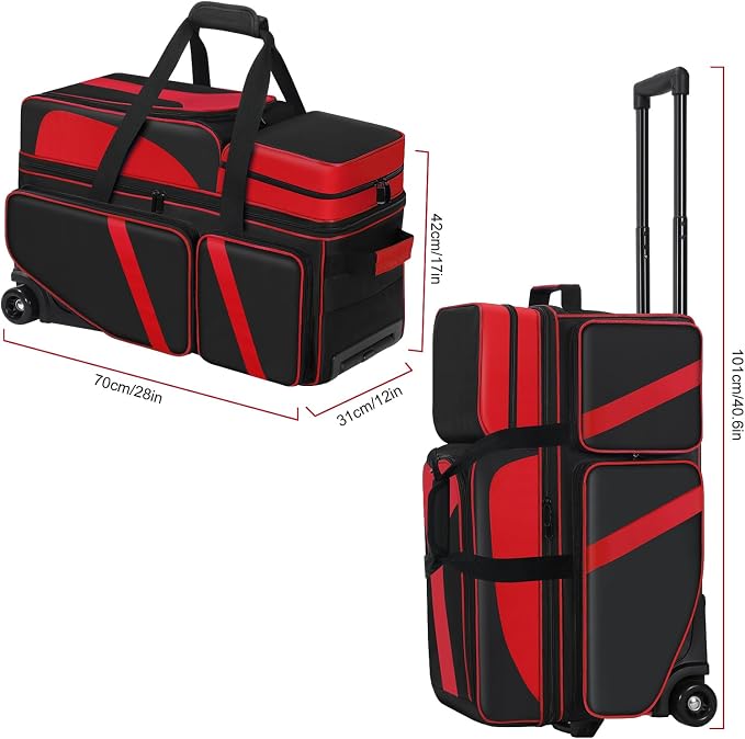 3 Ball Bowling Roller Bag with Smooth Wheels & Shoe Compartment, Heavy Duty 3 Ball Bowling Bag with Retractable Handle, Large Capacity Bowling Bag with Multi-pockets for Tournament, Travel, League