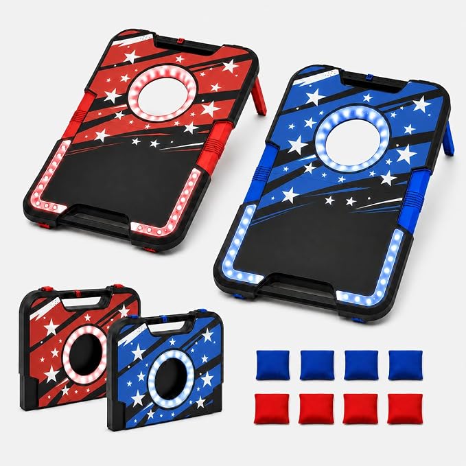 Foldable Cornhole Board Set with LED Lights, Sound Effects & Built-in Score Slider, Outdoor Bean Bag Toss Game for Kids Adults, Portable Backyard Camping Party Game Set with 2 Boards 8 Bags