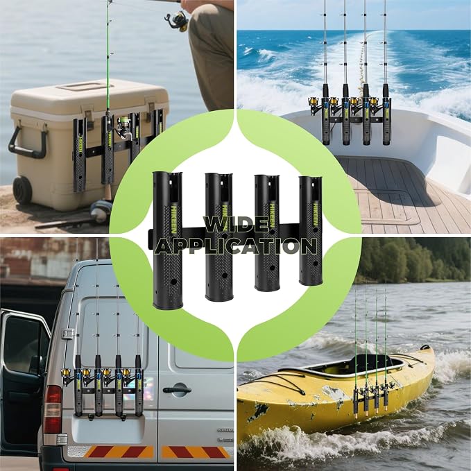 Hikeen Adjustable Fishing Rod Holder, 4 Tube Fishing Pole Holders Wall-Mounted Rod Rack for Boat Kayak Golf Cart Garage Crate Cooler Wagon RV