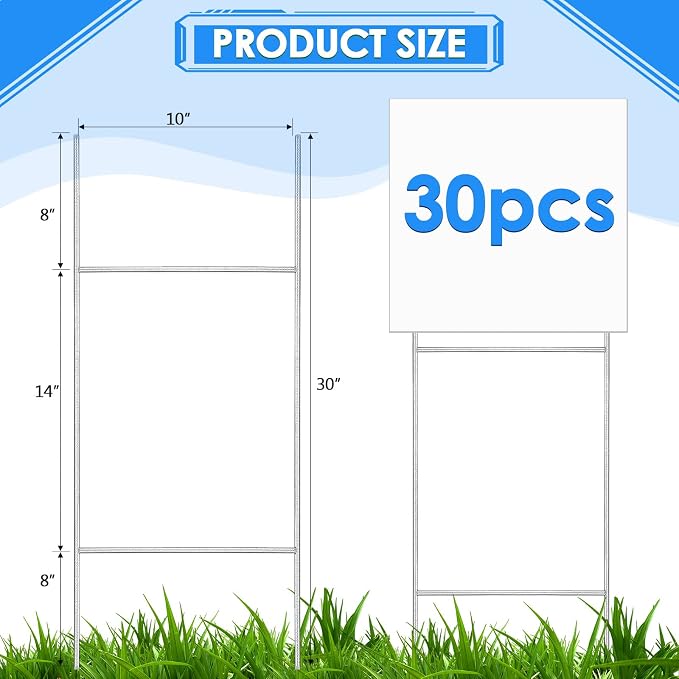 Therwen 30 Pcs H Stakes for Yard Signs 30'' x 10'' Metal Heavy Duty H Frame Wire Stakes Weatherproof Metal Holder for 250 Anniversary USA 4mm 5mm Corrugated Signs Board Guidepost Yard Decor