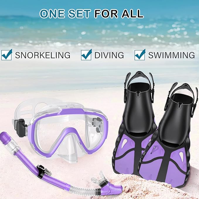 Snorkel Set with Fins for Adults, Snorkeling Gear for Adults Men and Women, Snorkle, Mask Set Adults Dry Top Snorkel Mask Combo Set with Travel Bag for Snorkeling, Diving, Swimming