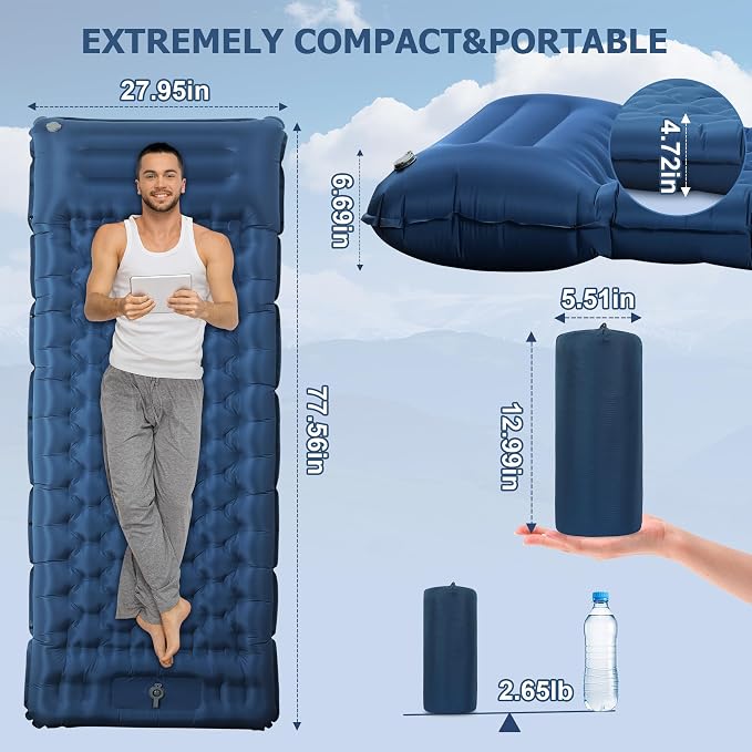 Toncoke Sleeping Pad, 4.7" Extra-Thick & Ultralight Inflatable Camping Mat with Pillow, Built-in Foot Pump, Compact for Backpacking, Camping, Hiking, Travel — Navy Blue