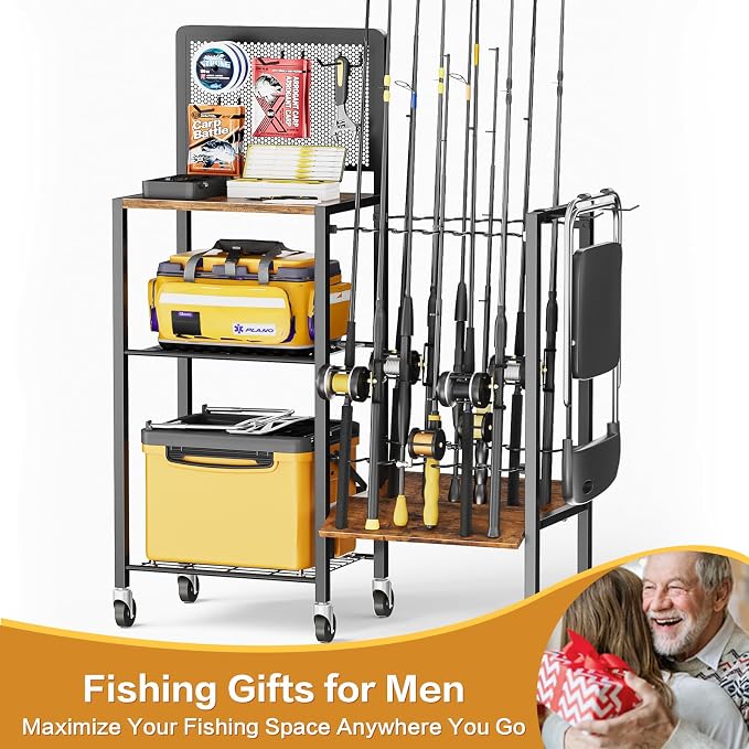 Olakee Fishing Rod Holders, Rolling Fishing Rod Rack for Garage & Boat, Tackle Box & Reel Holder Cart, Easy Assembly Fishing Gear Management System, Ideal Birthday Gift for Men Dad Anglers