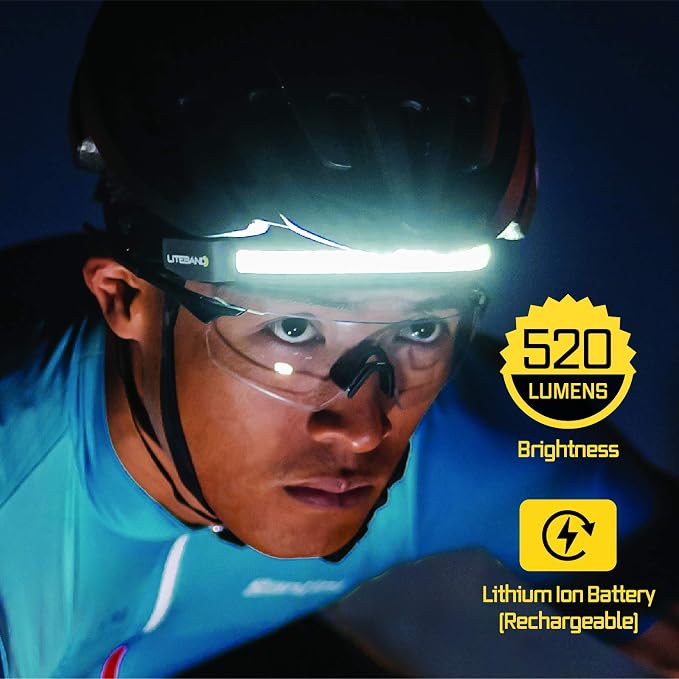 OPTIMAL VENTURES LITEBAND ACTIV Rechargeable LED Headlamp, 520 Lumens, 210° Wide Beam, Lightweight No-Bounce Fit, IPX4 Weather Resistant, Black