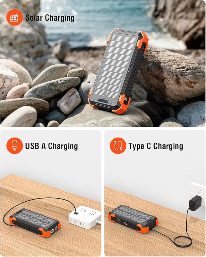 Solar Power Bank 20000mAh with Built-in 4 Cables, Wireless Portable Charger USB-C 3A Fast Charging for iPhone Samsung, Battery Pack with Flashlight, Thermometer, Solar Charger for Camping Travel