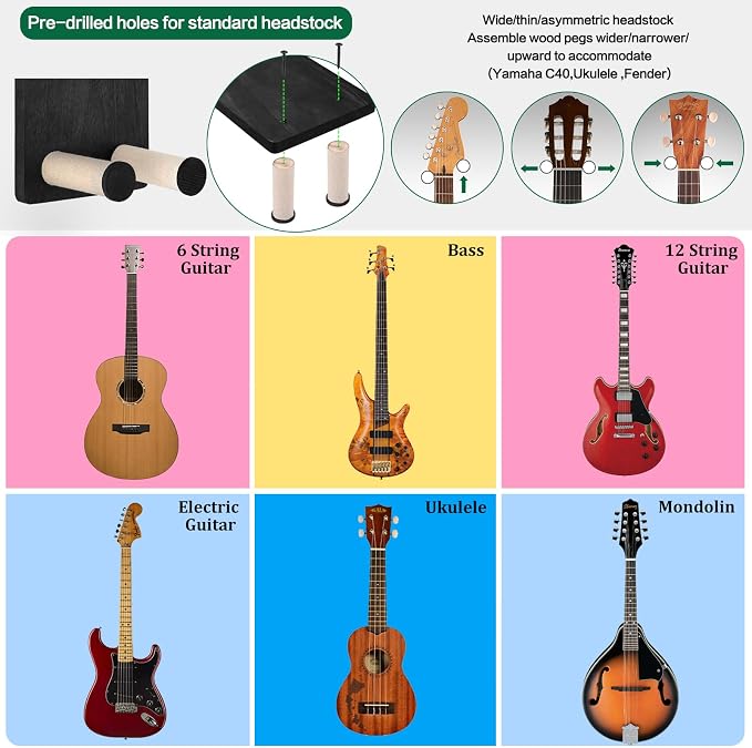 Keebofly Guitar Wall Mount - Single Pack, Wall Hanger with Pick Holder - Guitar & Ukulele Rack, Rustic Wood Black, Patented