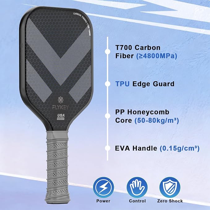 FLYKEY Pickleball Paddles, T700 Carbon Fiber Pickleball Paddle with a 16mm Shark Power Polymer Core, USAPA Approved Pickle Ball Paddle, Strong Spin and Power Surface,Strong Shock Absorption