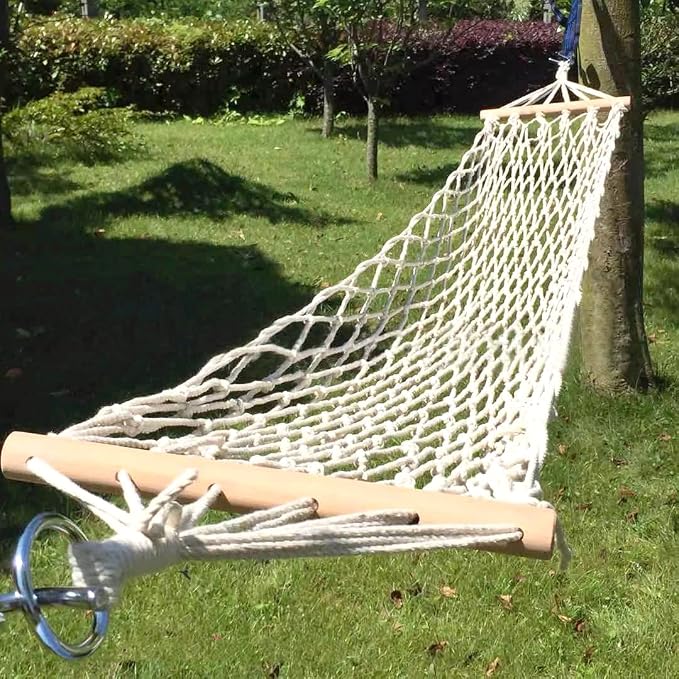 Cotton Rope Hammocks with Wood Spreader,Traditional Hand Woven Hammock for Outdoor, Indoor,Patio, Backyard,Accommodates One Person with a Weight Capacity of 220 lbs.