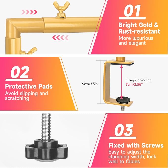 Over The Table Rod Stand with Clamps Adjustable 47"-98" Length 30"-43" Height Gold Table Arch Stand Hanging for Decoration Flowers Display Wedding Birthday Party Halloween Christmas