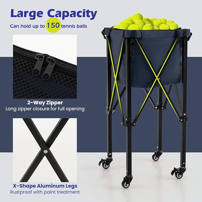 Tennis Ball Hopper Cart with Wheels, Portable Tennis Ball Basket Holds 150 Balls, Collapsible Aluminum Tennis Basket for Balls Pickup, Pro Sports Teaching Cart for Tennis Pickleball Baseball