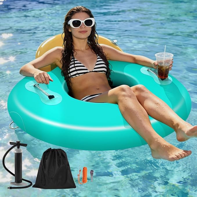 Water Hammock Inflatable Dock, 3.8ft/6ft/8ft Floating Raft Circular Water Island, Float Rings Air Mesh Platform for Lake/River/Swim Pool