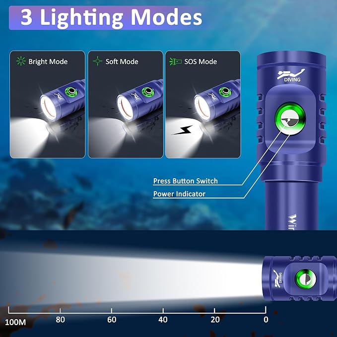 WINDFIRE TS08 Scuba Diving Flashlight, Super Bright Dive Light Rechargeable, 3 Modes Underwater Flashlight, 192 ft Depth IP68 Waterproof Aluminum Torch for Snorkeling, Caving (Blue)