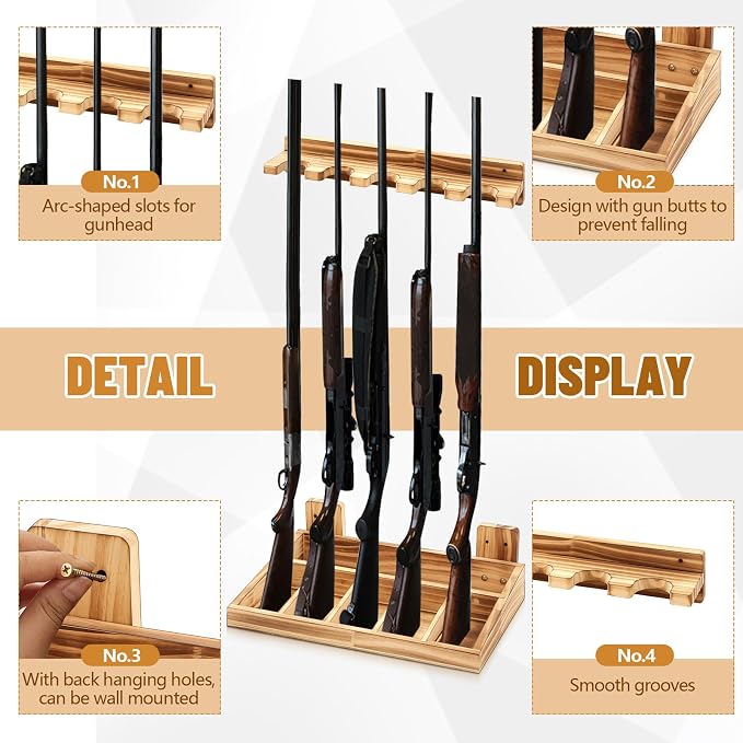 GlikCeil 1 Set Wooden Vertical Gun Rack Wall Mount Indoor Hold up to 5 Long Guns Shotguns Rifle Racks Display Holder Stand for Firearms Display Storage Home Accessories Office