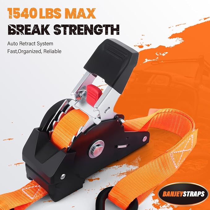1" x 10' Self Retracting Ratchet Straps (4-Pack) - Orange Heavy Duty Tie Downs with Auto-Retract, 1540lb Break Strength for Truck, Motorcycle, ATV, UTV, Cargo Trailer