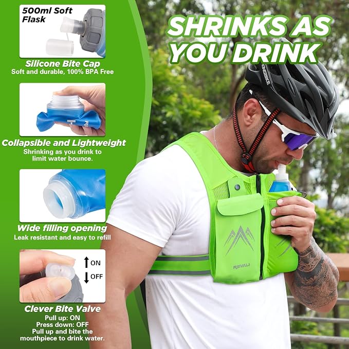 REVALI Running Vest, USA Original Patent, Zip Reflective Running Vests with 500ml Hydration Bottle, Adjustable Waistband & Breathable Material, Chest Pack Gear Phone Holder for Men & Women
