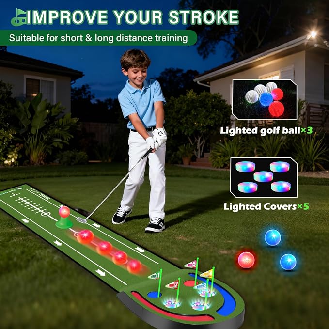VATOS Upgraded Golf Putting Mat Indoor for kids - Golf Game Set with LED Balls, Glow Cups, Irons & Putters, Portable Putting Green Outdoor for Home Backyard Office Party, Golfing Gifts for Kids Adults