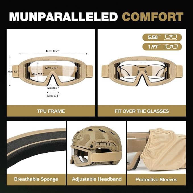 Airsoft Goggles OTG, ANSI Z87.1+ Anti-Fog Tactical Safety Goggles, Impact-Resistant Dust-Proof Eye Protection