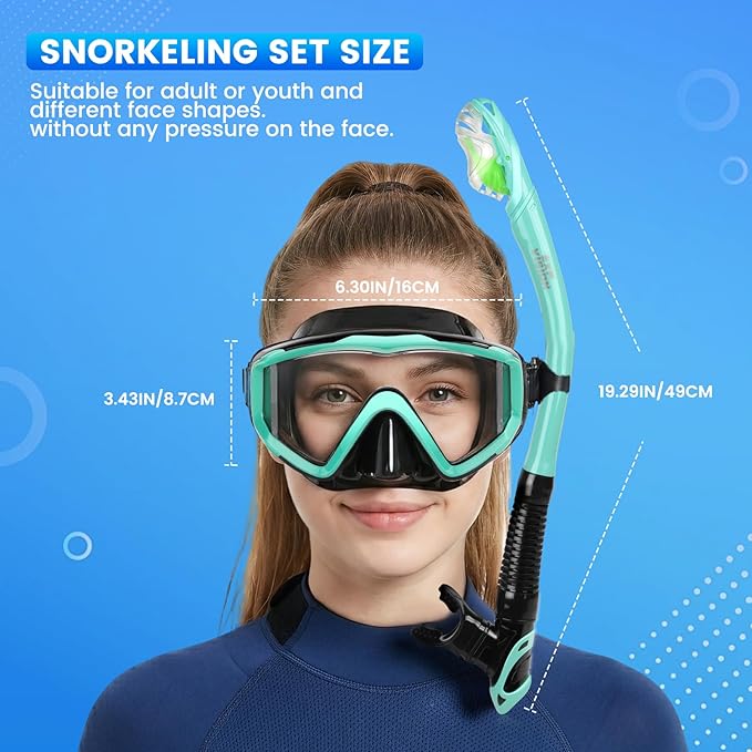 2 Pack Snorkel Mask for Adults - 180° Panoramic View, Anti-Fog Shatterproof PC Lens, Dry Snorkel Set for Diving, Swimming & Travel