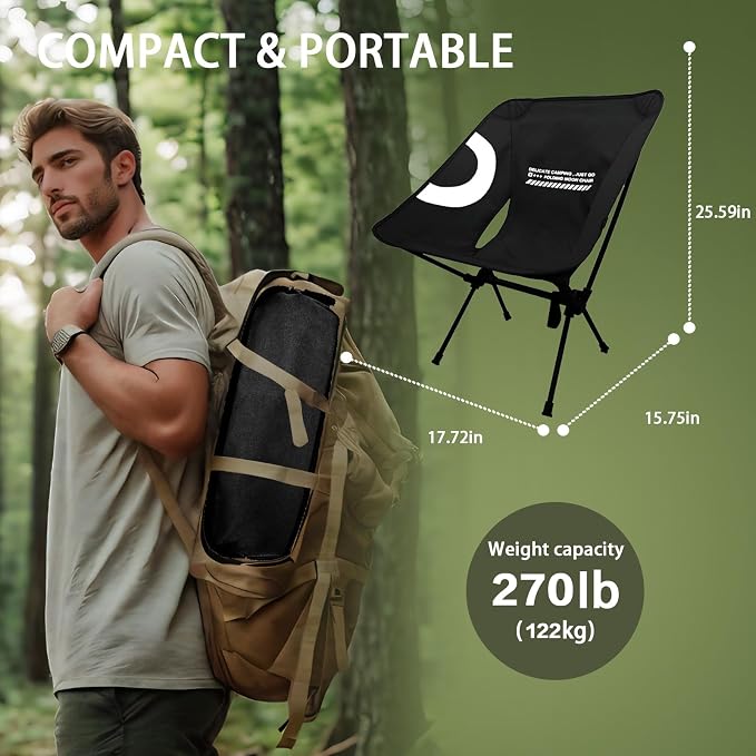 Lightweight Folding Camping Chair for Adults, Heavy Duty 270lbs Capacity Compact Backpacking Hiking Chair – Portable Durable Outdoor Chair with Ergonomic Support (Black)