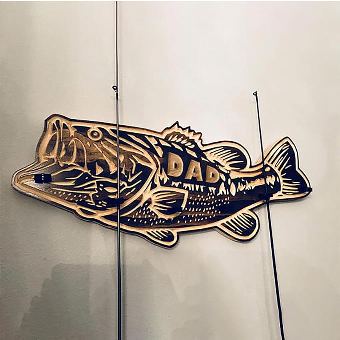 Wood Large Mouth Bass Fishing Rod Holder, Dad Favorite Wooden Fishing Rod Rack, Fishing Pole Rod Holders for Garage, Fathers Day