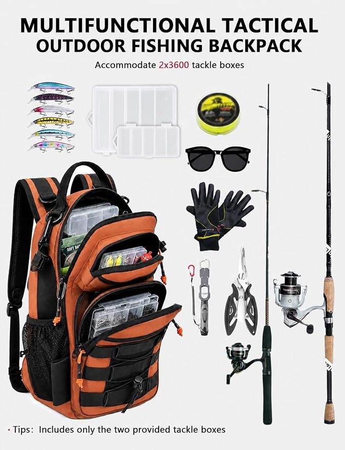 2 in 1 Compact Tactical Fishing Backpack with Tackle Boxes, Lightweight Waterproof Tackle Bag Fit 2 * 3600 Tackle Boxes, 2 Rod Holders Storage, Fishing Accessories Gift for Men Orange