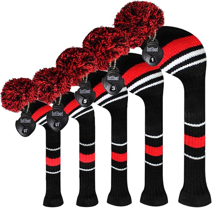 Scott Edward Golf Headcover Set of 5 PCS, Driver Wood Cover *1, Fairway Wood Cover *2, Hybrid Cover * 2, with Rotating Number Tags
