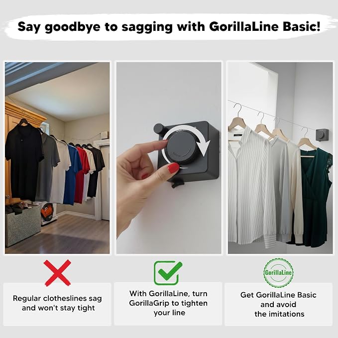 GorillaLine Basic - Retractable Clothesline Indoor Outdoor Clothes Line - Non-Sagging Heavy Duty Clothes Drying Laundry Line - Wall Mounted Drying Rack - Air Dry Clothing - Tighten with GorillaGrip