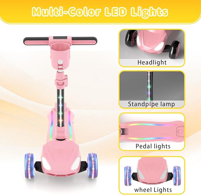 SIMATE Electric Scooter for Kids Ages 3+, 3 Wheel Balance Scooter, 3 Adjustable Heights, Foldable & LED Display & Thumb Throttle, Long Battery Life, Full Body Lights Up, Gift for Kids Boys Girls