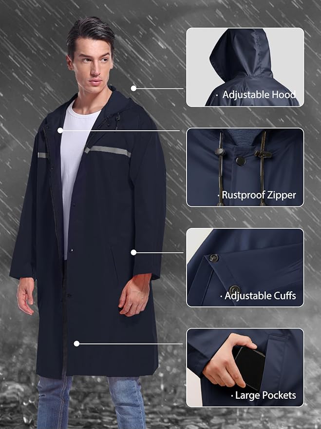 Mens Long Hooded Safety Rain Jacket Waterproof Emergency Raincoat Poncho