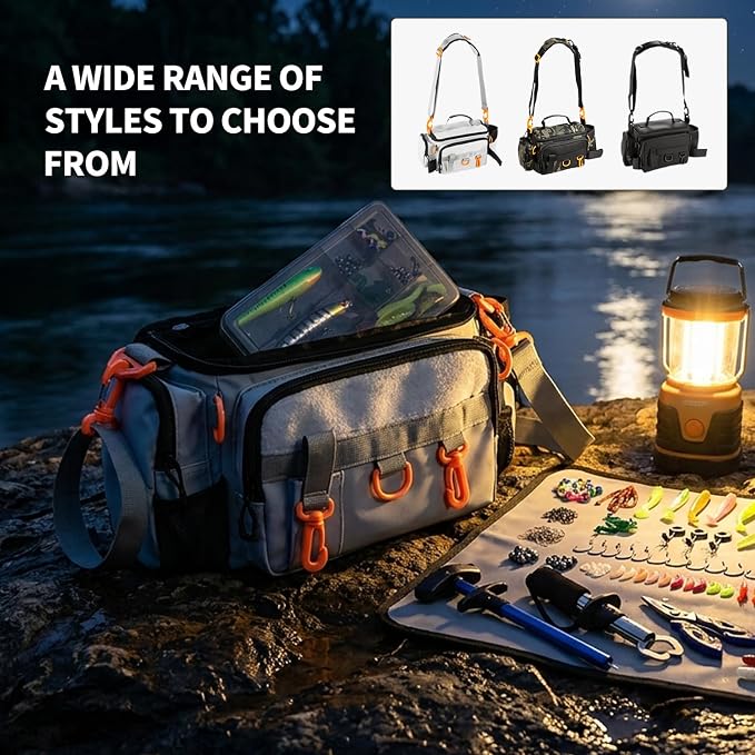Fishing Tackle Bags with Tackle Box,Waterproof,Padded Shoulder Strap,Gear Storage,Fish Bag with 136 Pcs Fishing Lures Kit,Fish Hook Remover Tool,Fish Lip Gripper,Fishing Plier,Gifts for Men (Gray)