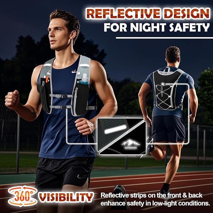 RAINSMORE Running Hydration Vest with 500ml Soft Flask, Waterproof Phone Pocket, Lightweight Hydration Pack, Adjustable No-Bounce Straps for Trail Running, Marathon, Cycling