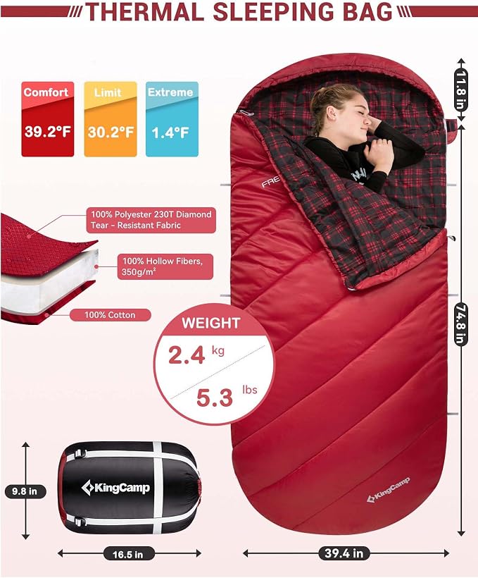 KingCamp Sleeping Bag for Adults Big and Tall, Cold Weather Camping Sleeping Bag with Soft 100% Cotton Flannel Lining, Portable Lightweight Outdoor Traveling & Car Camping