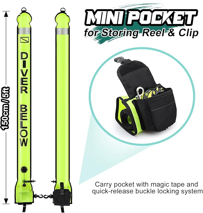 Surface Marker Buoy Scuba with Reel, 5ft High Visibility Diving Open Bottom Signal Tube Safety Sausage with Pouch Bag, 100ft ABS Dive Reel and Steel Double-Ended Bolt Snap (Hi-Vi Yellow)