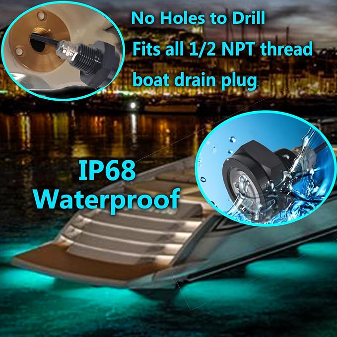 2Pcs RGB 1/2" NPT LED Boat Drain Plug Light Underwater Light,Boat Trailer Lights,DC 12V,No Holes to Drill,RF APP Control Marine LED Lamp for Fishing Swimming Diving