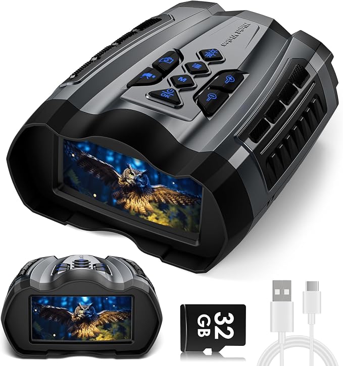 WARMTUYO Night Vision Goggles, 9 Gear Night Vision Binoculars, 4K Binoculars with Camera, 4000mAh Battery Nightvision, 10X Digital Zoom, 3.5" HD Display and 32GB TF Card