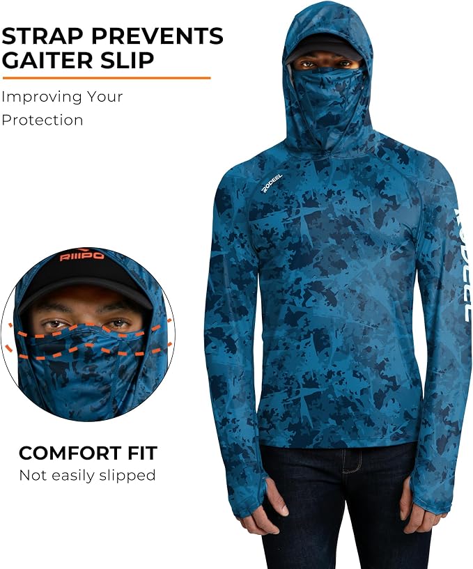 Rodeel Men's UPF 50+ Performance Fishing Hoodie, Long Sleeve Sun Protection Athletic Quick-Dry Breathable T-Shirt