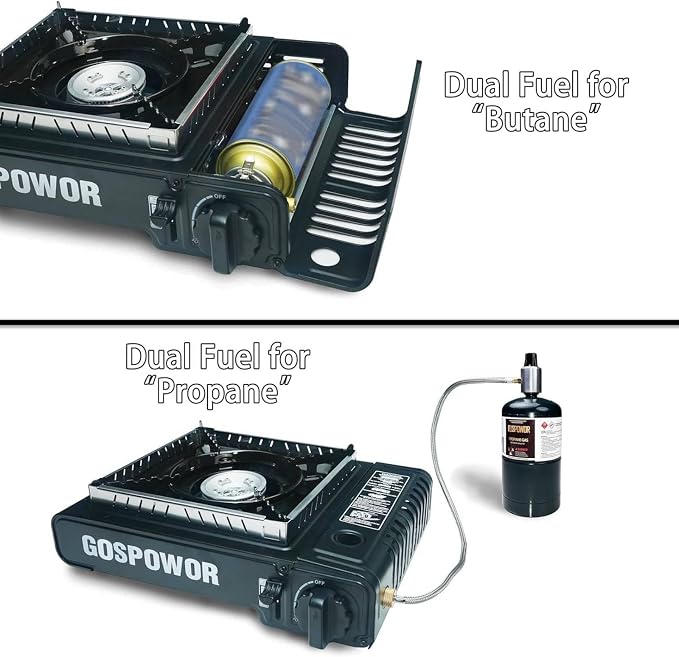 Propane or Butane Stove with Windblocker,Dual Fuel 10,000 BTU Propane Stove for Camping, Automatic Ignition Gas Portable Stove with Propane Adapter Hose Carrying Case for Outdoor (Fuel Not Included)