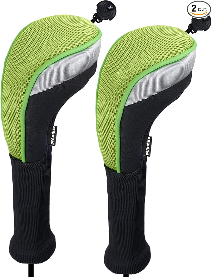 Andux 2pcs Long Neck Golf Hybrid Club Head Covers Dial No. Tag CTMT-02 | Mesh Breathable material | all the Same Size | Coloured Piping | Pull-On Closure