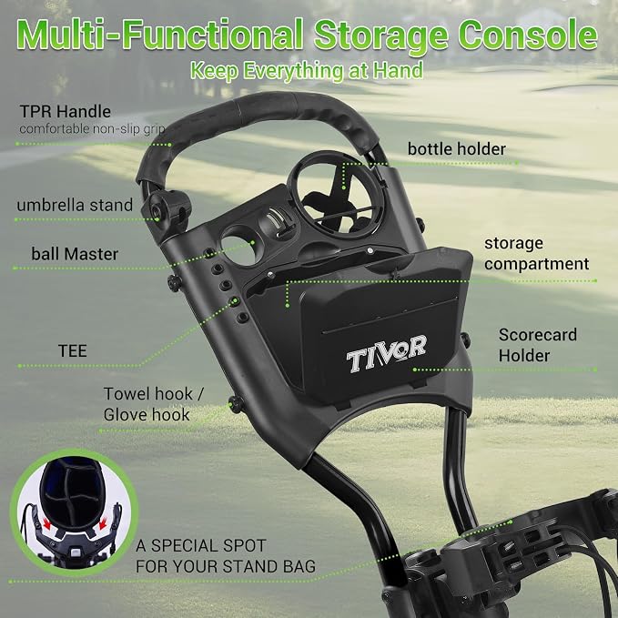 Tivor Lightweight Golf Push cart 4 Wheel Foldable Golf Trolley for Adults and Junior with Ergonomic Adjustable Handle, Scorecard Holder, Umbrella Mount, Foot Brake, All-Terrain Wheels