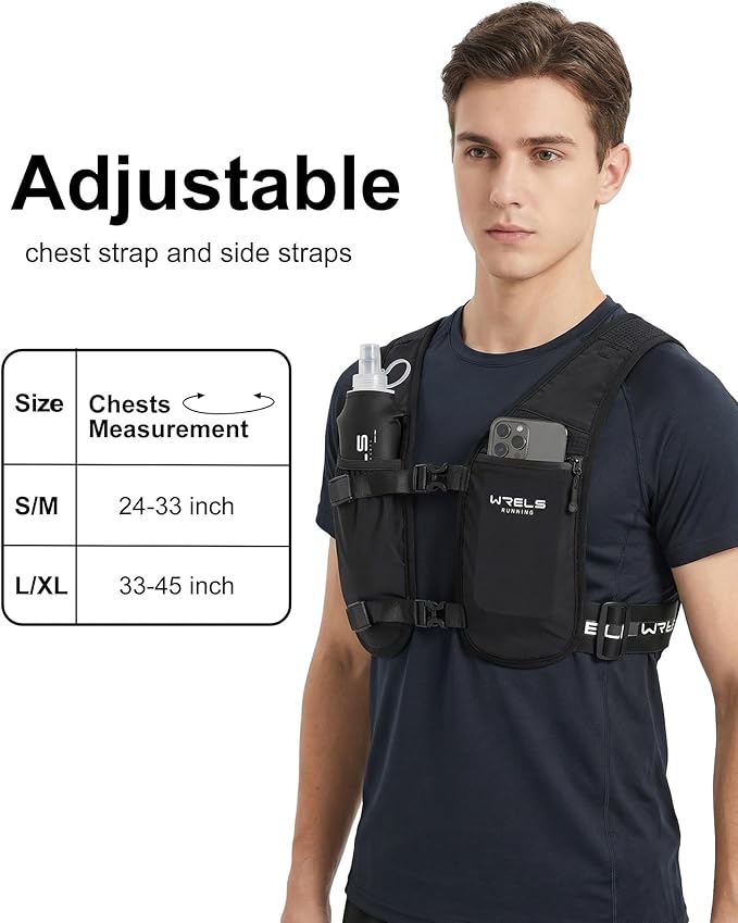 WRELS Running Vest for Women Men,Lightweight Reflective Hydration Vest with TPU 500ml Soft Flask,Adjustable Chest Straps Phone Pocket for Running Marathon