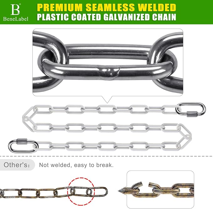 BeneLabel 2Pcs 100" Swing Chain with Hooks 1000 LBs Capacity Porch Swing Chain Coated Hanging Chains with Carabiners White Chains for Hammock, Hanging Chair, Swingset, Heavy Bags