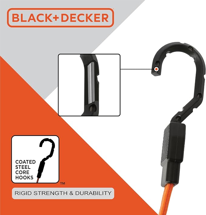 BLACK+DECKER 6-Piece Light-Duty Ratchet Tie-Down and Bungee Strap Kit | 1" x 12' Light-Duty Ratchet Straps, 1,500 lbs Break Strength, 48" Flat Bungee Straps, Kit for Securing Lightweight Cargo