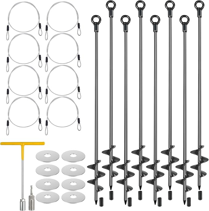 8 Pcs 30" Ground Anchors Shed Anchors Kit Heavy Duty 12mm Solid Steel, Triple-Turn Helix Earth Anchors for Sheds, Carport, Canopy, Gazebo, Trampoline, Mobile Home