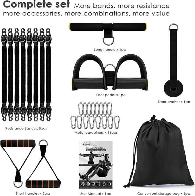 Resistance Bands Set with Handles, 8 Levels up to 200 lb, Door Anchor, Foot Plate, Carry Bag, Home Gym Exercise Equipment for Full Body Workout