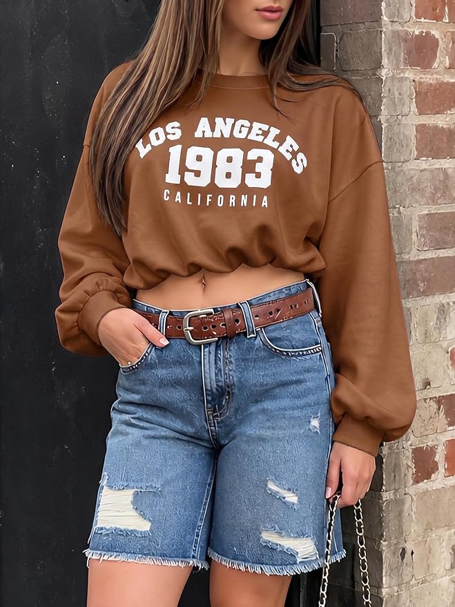 Flowyair Womens Crewneck Sweatshirt Los Angeles Elastic Waist Crop Tops | Long Sleeve, Loose Fit, Fall Spring, Pullover Tops, Round Neck, Elasticated Hem